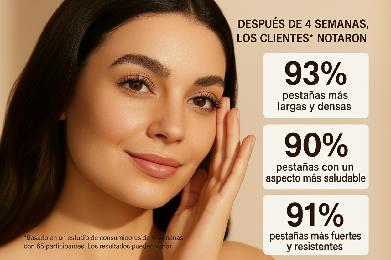 Imagen publicitaria del sérum de pestañas con mujer y texto más pequeños